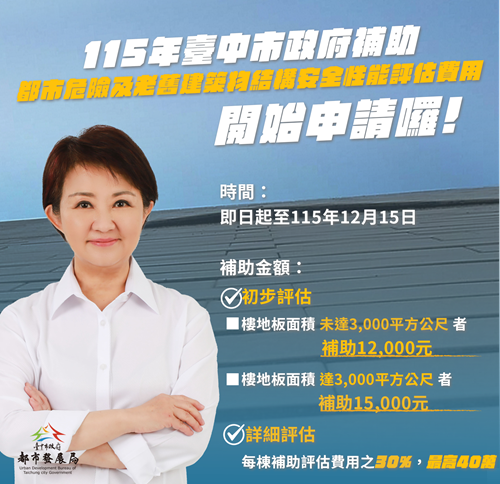 臺中市115年度「都市危險及老舊建築物結構安全性能評估費用」補助作業開放受理申請